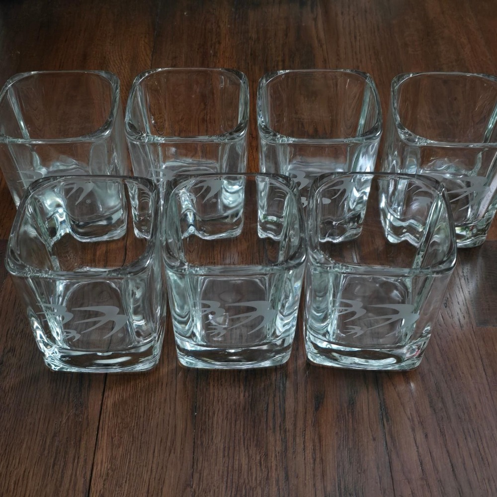 OZARK Airlines Set of 7 Square Etched Bird Logo Lowball Clear Glass MCM Barware - Picture 12 of 12